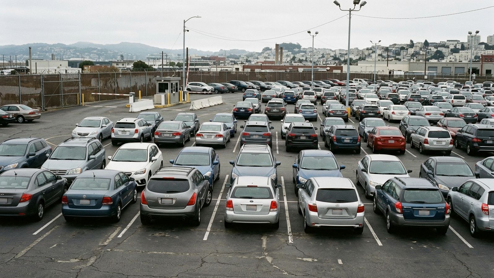 A large asphalt parking lot filled with parked cars seen from slightly above, painted bay markings and a gatehouse with a raised barrier arm on the left, low industrial buildings and city hills under flat overcast sky behind